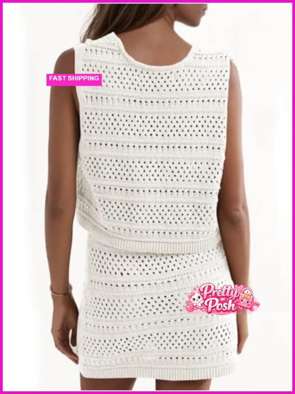 Crochet Swim Cover Up 2 Piece V Neck Sleeveless Front Tie Crop Top Mini Skirt